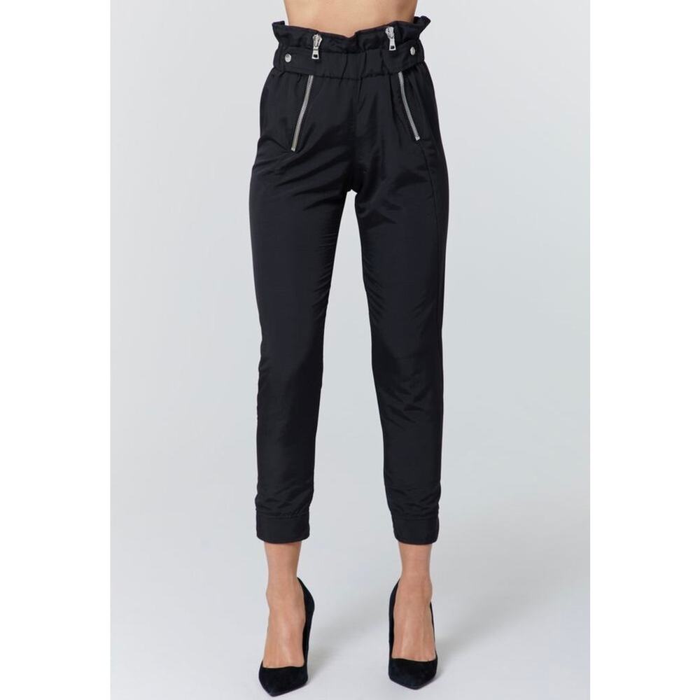 EUC RtA Leon Black Paperbag Waist Zip Ankle Pants S Small Jogger Trousers Silver
